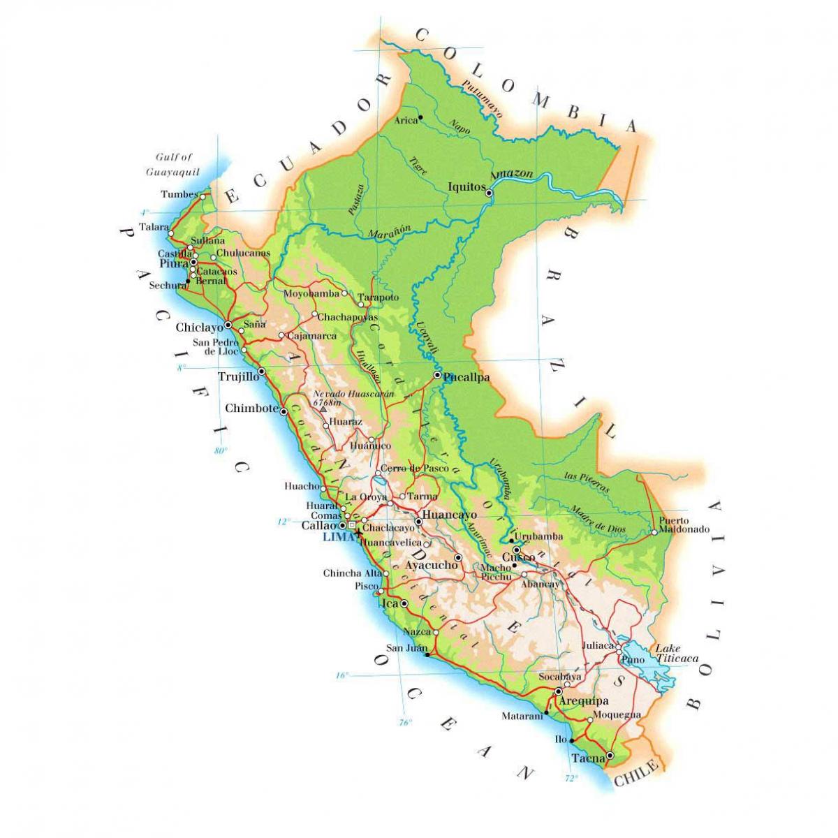 kort af líkamlega kort af Perú